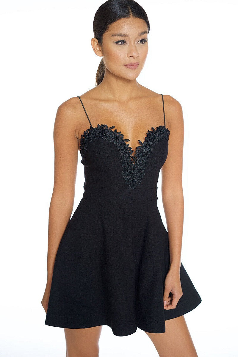 Elegant V Neck Lace Flare Black Dress