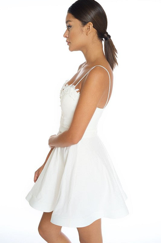 Elegant V Neck Lace Flare White Dress