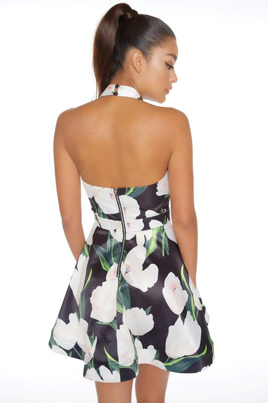 Elegant Floral Print Backless Cocktail Dress