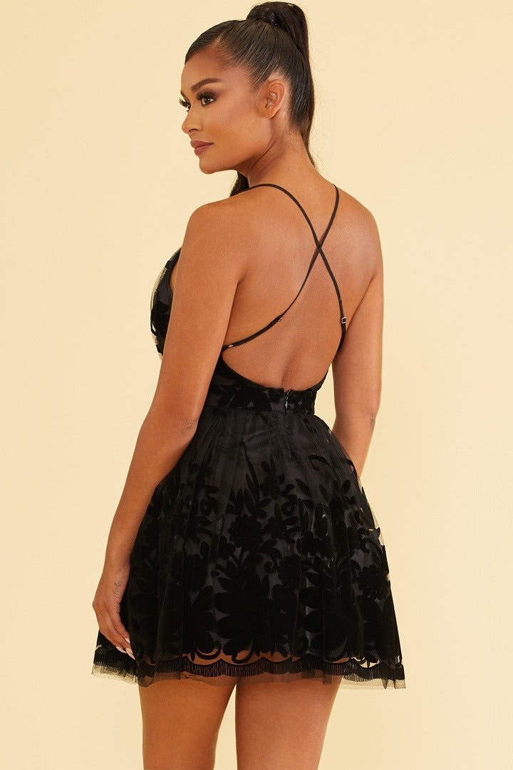 Elegant Black Lace Layered Strap Deep V-Neck Ruffle Dress