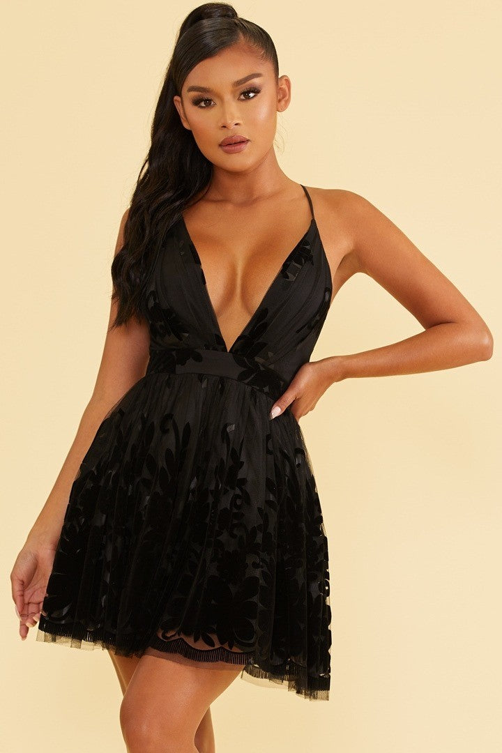Elegant Black Lace Layered Strap Deep V-Neck Ruffle Dress