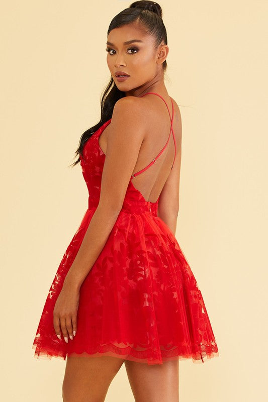 Elegant Red Lace Layered Strap Deep V-Neck Ruffle Dress