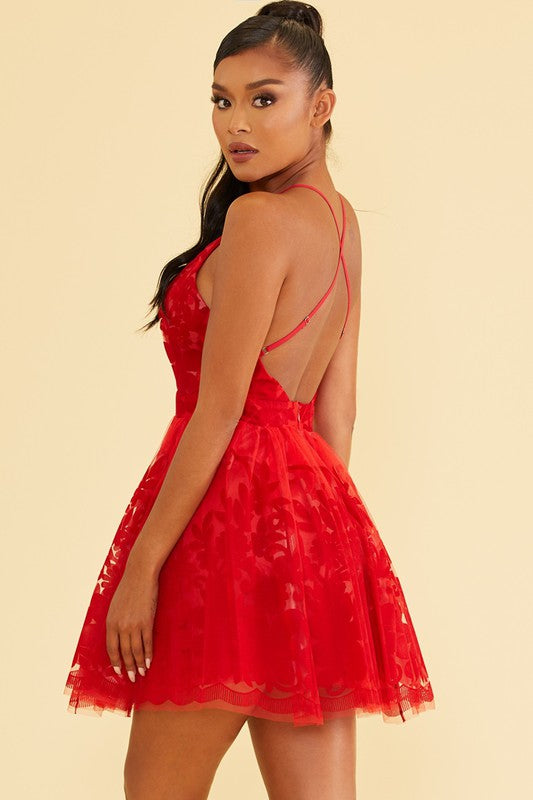Elegant Red Lace Layered Strap Deep V-Neck Ruffle Dress EDITE MODE Elegant Red Lace Layered Strap Deep V-Neck Ruffle Dress EDITE MODE