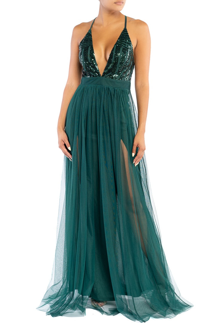 Elegant Hunter Green Sequence Strap Deep V-Neck Maxi Dress