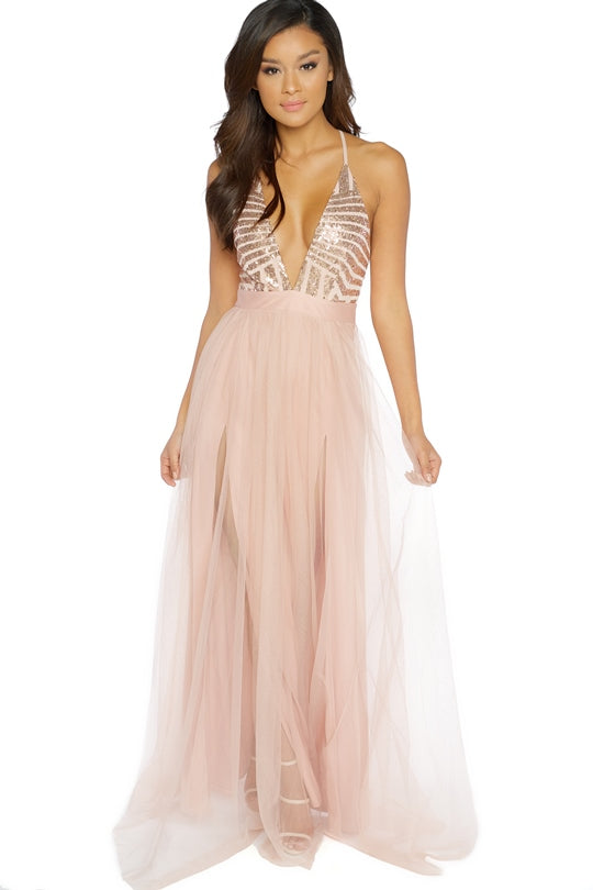 Elegant Rose Gold Sequence Strap Deep V-Neck Maxi Dress