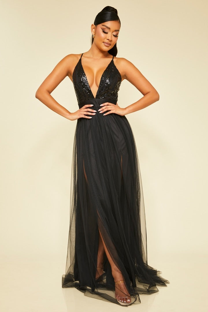 Elegant Black Sequence Strap Deep V-Neck Maxi Dress