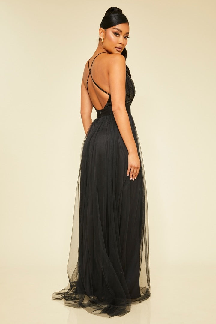 Elegant Black Sequence Strap Deep V-Neck Maxi Dress L / Black Elegant Black Sequence Strap Deep V-Neck Maxi Dress L / Black