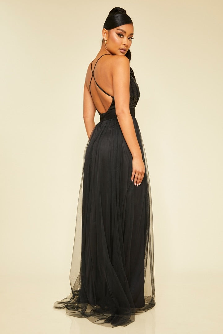 Elegant Black Sequence Strap Deep V-Neck Maxi Dress