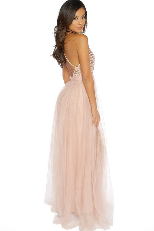 Elegant Rose Gold Sequence Strap Deep V-Neck Maxi Dress M / Rose Gold Elegant Rose Gold Sequence Strap Deep V-Neck Maxi Dress M / Rose Gold