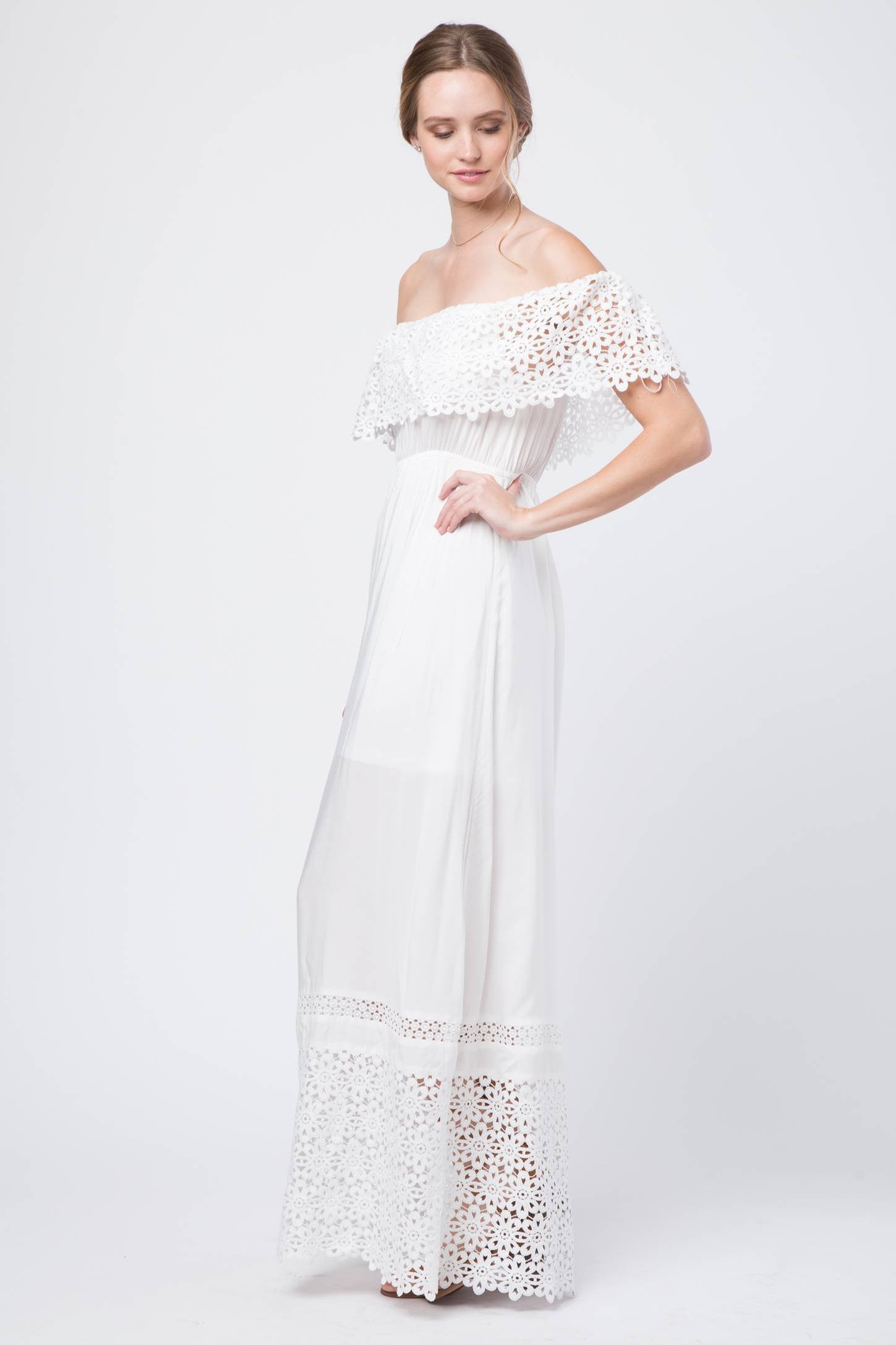 Summer Off Shoulder Floral Lace White Maxi Dress