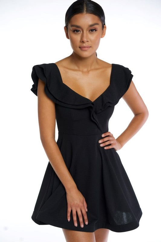 Elegant Off Shoulder Ruffle Flare Black Dress