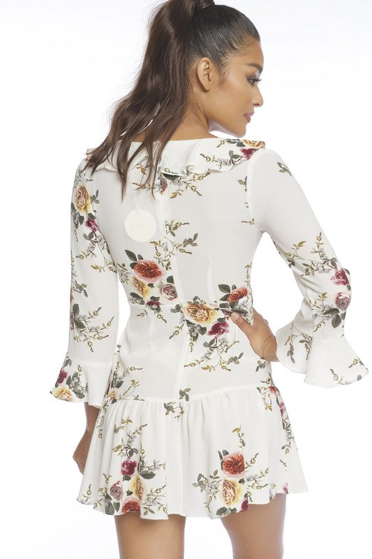 Fashion Floral Print Ruffle White Dress