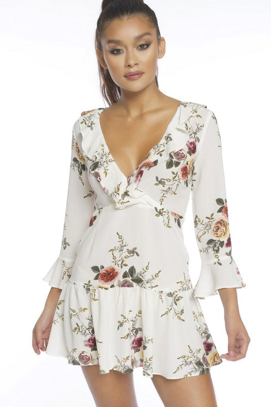 Fashion Floral Print Ruffle White Dress