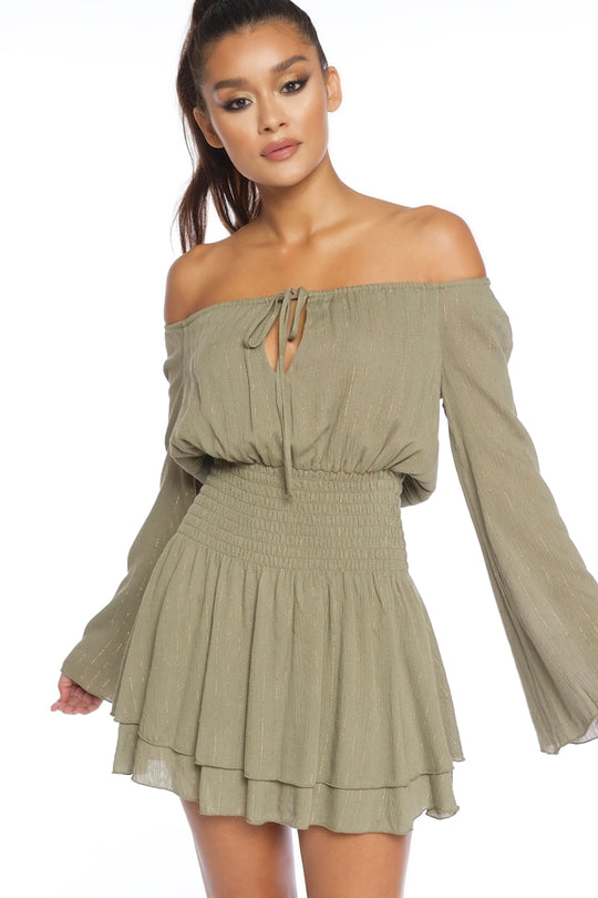 Fashion Off Shoulder Olive Gold Striped Dress