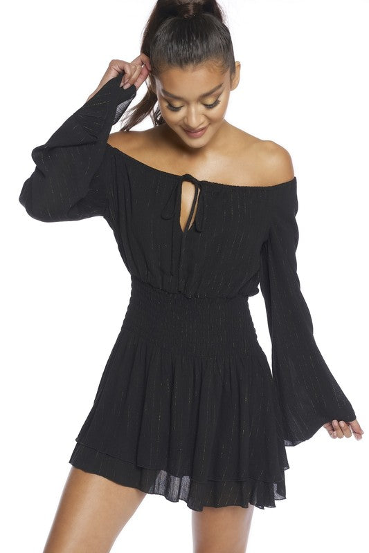 Fashion Off Shoulder Black Gold Striped Dress