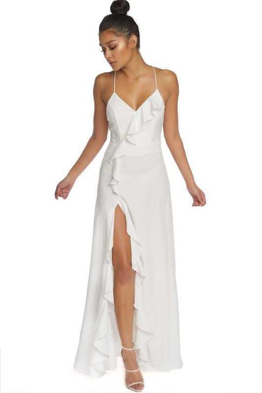 Fashion Strap Ruffle White Maxi Dress