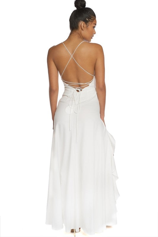 Fashion Strap Ruffle White Maxi Dress