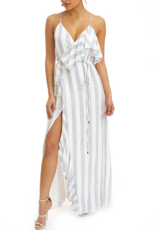 Fashion Strap Ruffle Blue Marine Wrap Maxi Dress