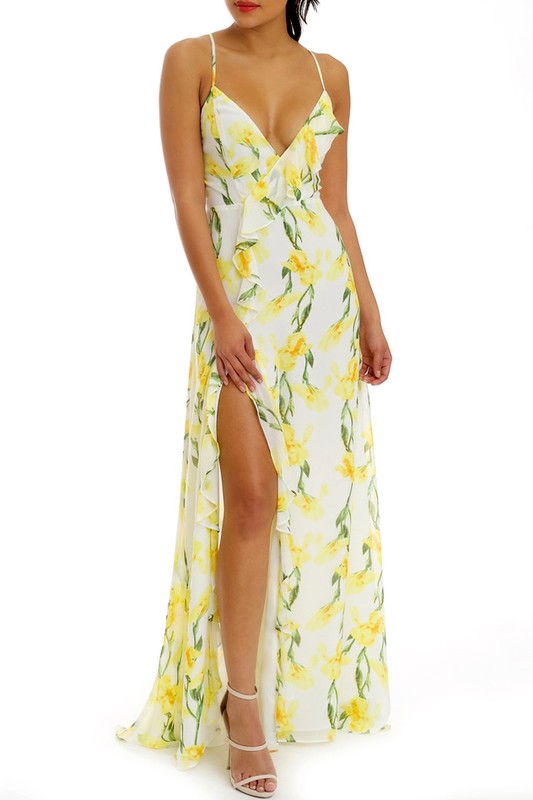 Fashion Strap Multi-Color Floral Print Ruffle White Maxi Dress
