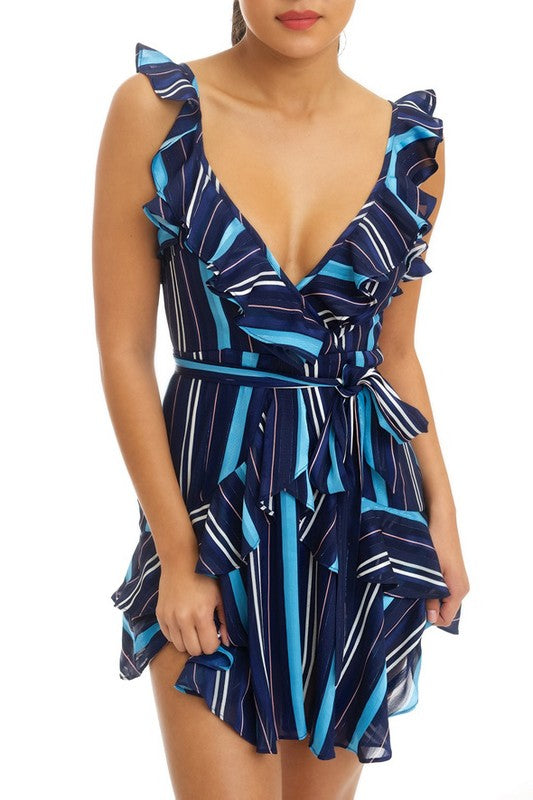 Fashion Blue Metallic Marine Ruffle Mini Dress
