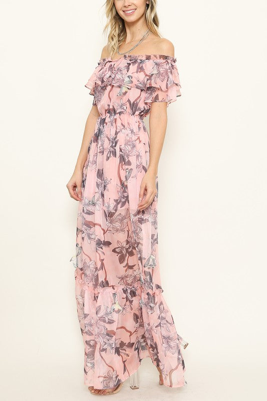 Fashion Off Shoulder Pink Butterfly Detailed Maxi Dress