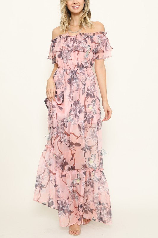Fashion Off Shoulder Pink Butterfly Detailed Maxi Dress