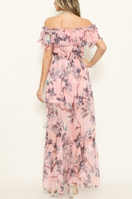 Fashion Off Shoulder Pink Butterfly Detailed Maxi Dress