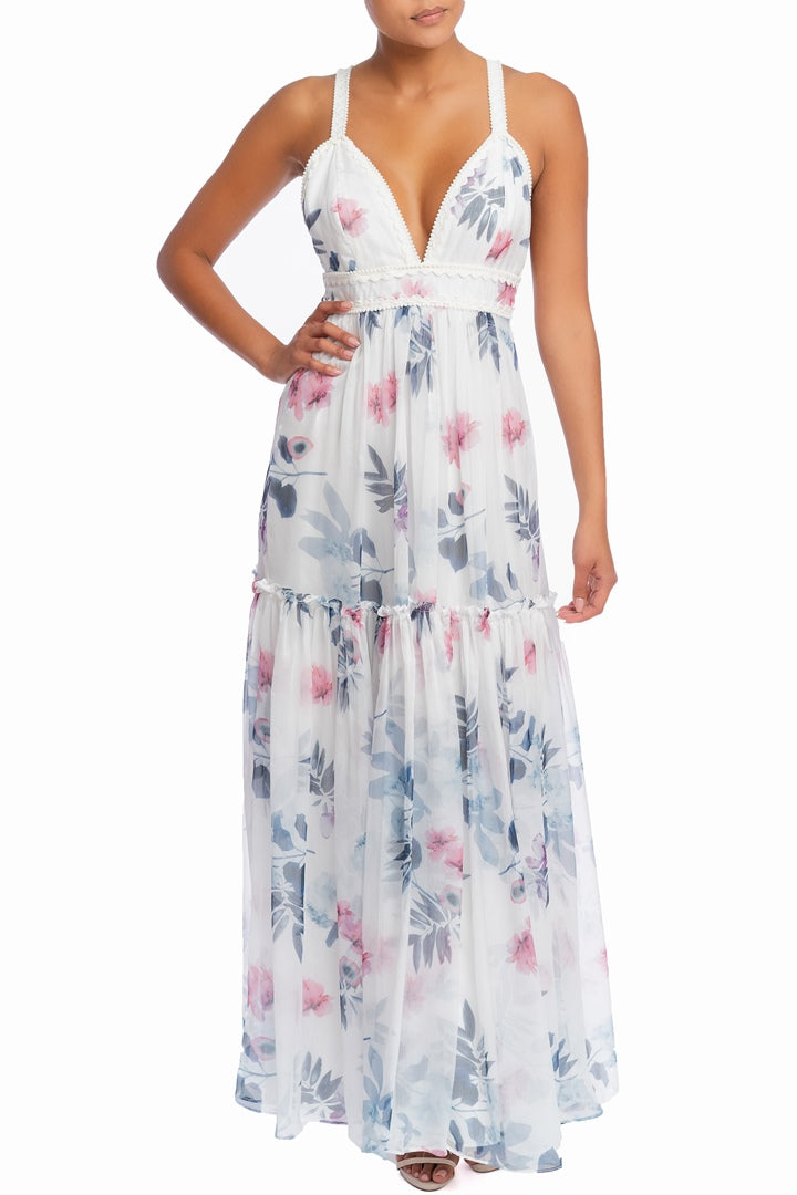 Fashion White Multi-Color Floral Print Strap Lace Maxi Dress