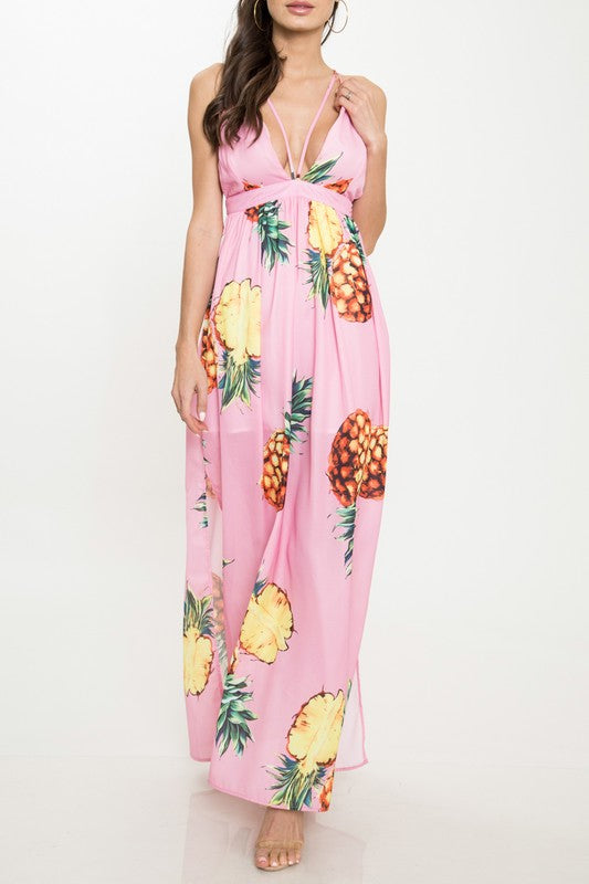 Elegant Pink Pineapple Print Summer Maxi Dress