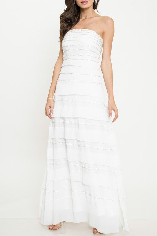 Cocktail Rhinestone White Ruffle Detailed Gown