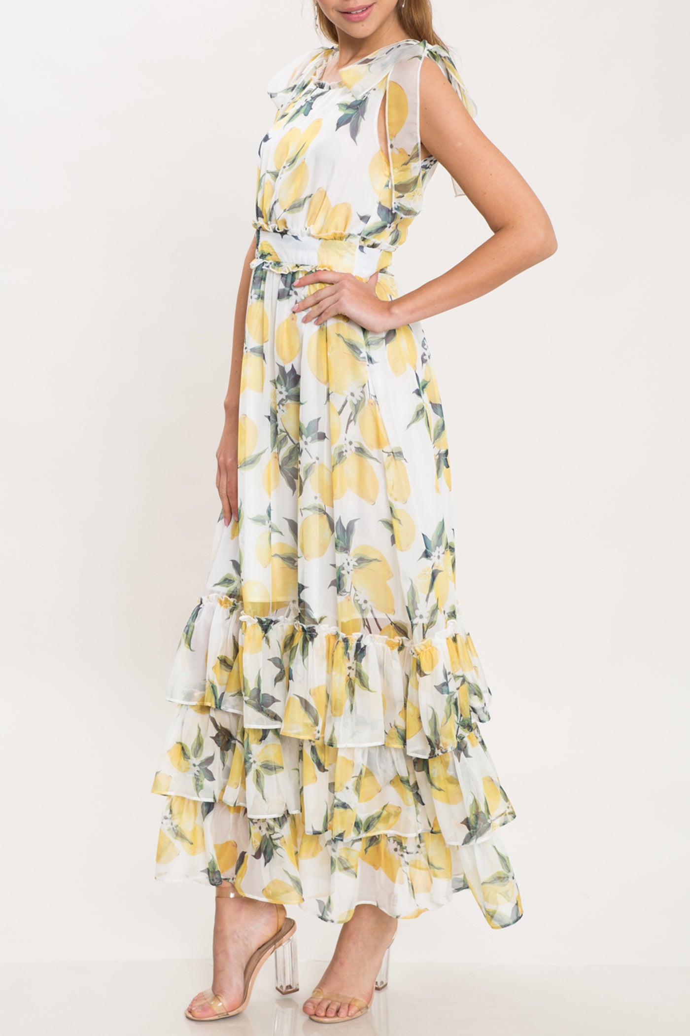 Fashion Lemon Print Ruffle Maxi Dress