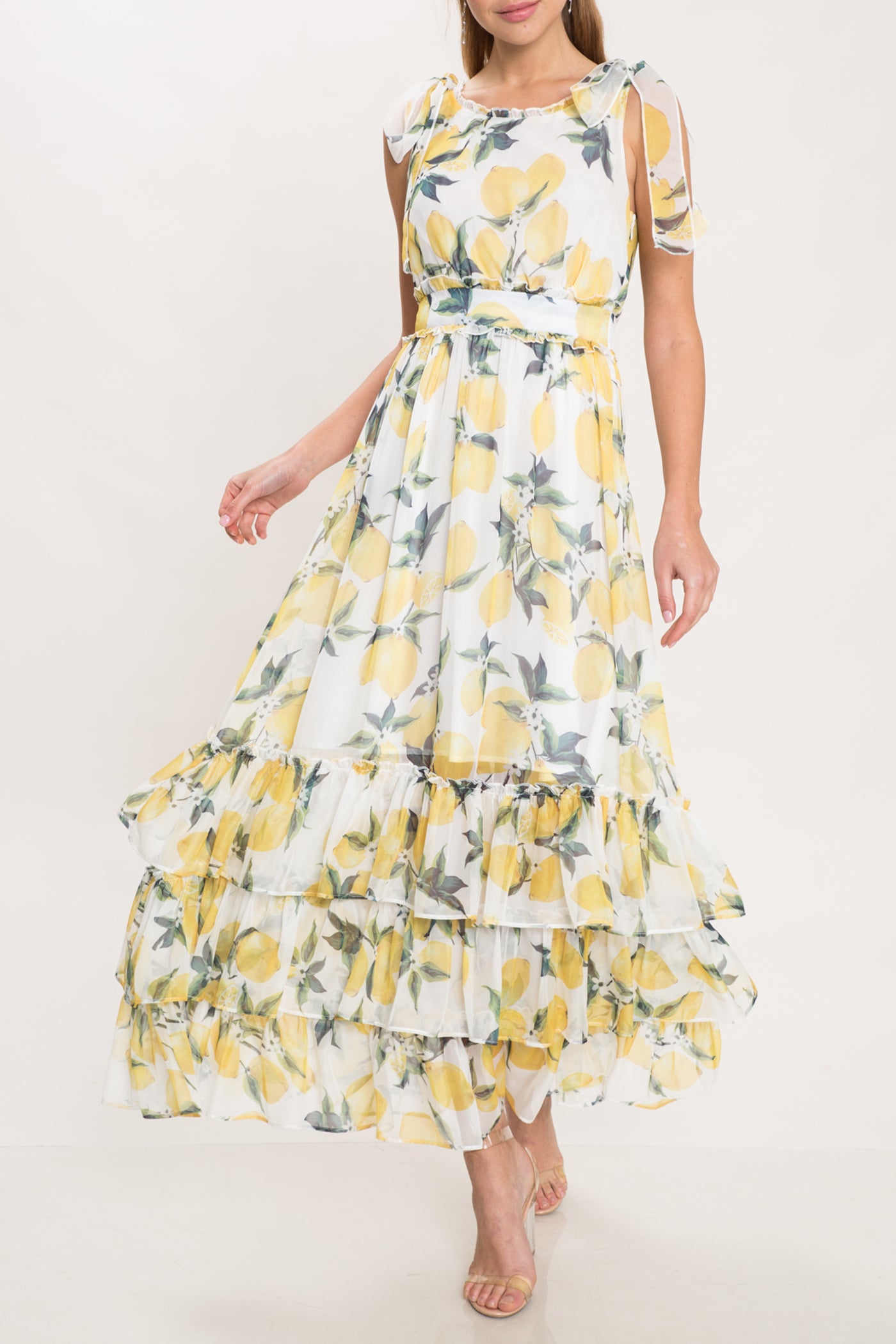 Fashion Lemon Print Ruffle Maxi Dress