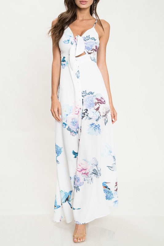 Elegant White Floral Print Cut Out Tie-Up Maxi Dress with Slit