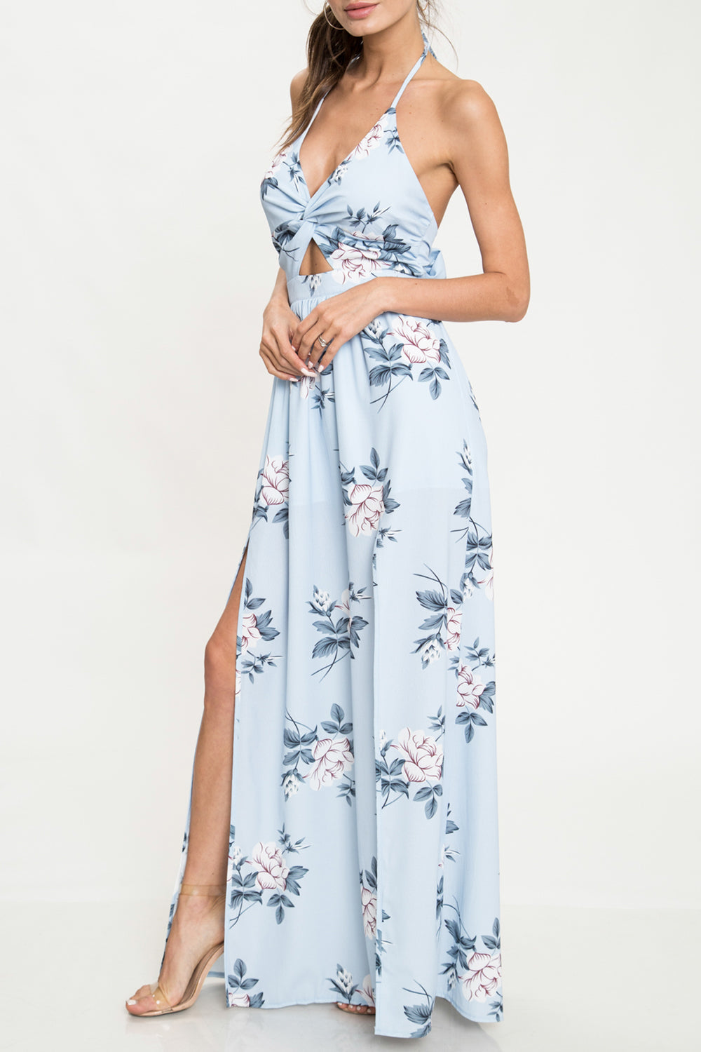 Elegant Blue Floral Print Cut Out Tie-Up Maxi Dress with Slit