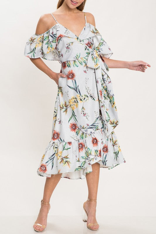 Fashion Strap Ruffle Multi-Color Striped Floral Print Maxi Dress