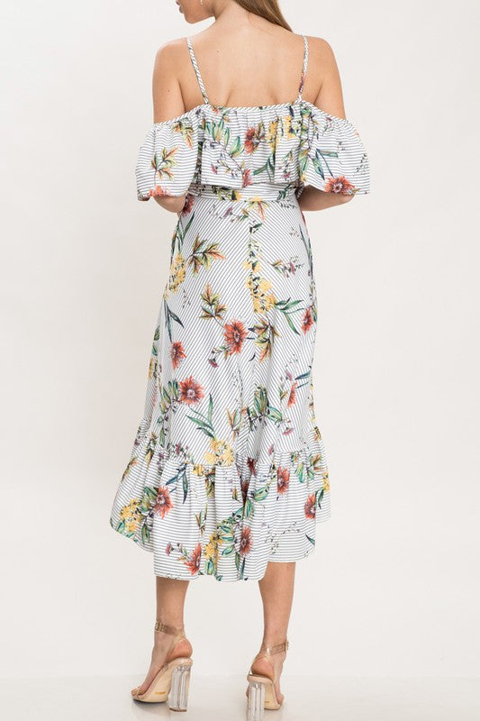 Fashion Strap Ruffle Multi-Color Striped Floral Print Maxi Dress