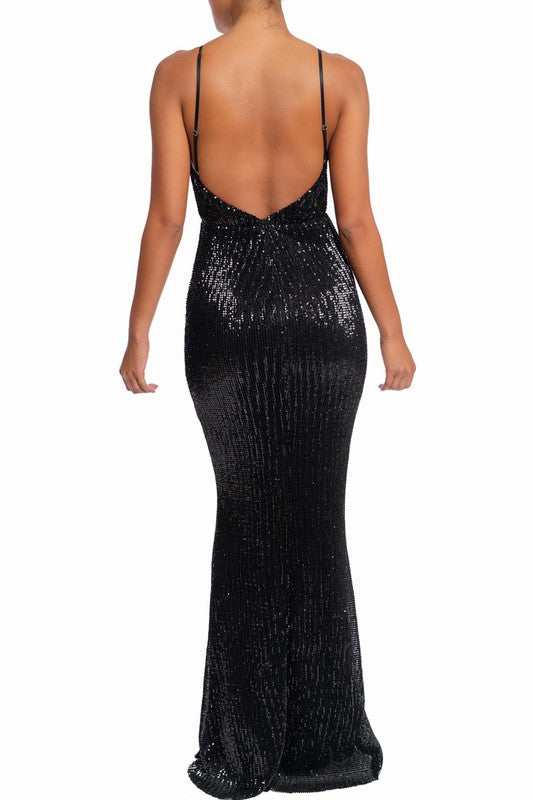 Elegant Black Sequence Strap V-Neck Mermaid Maxi Dress