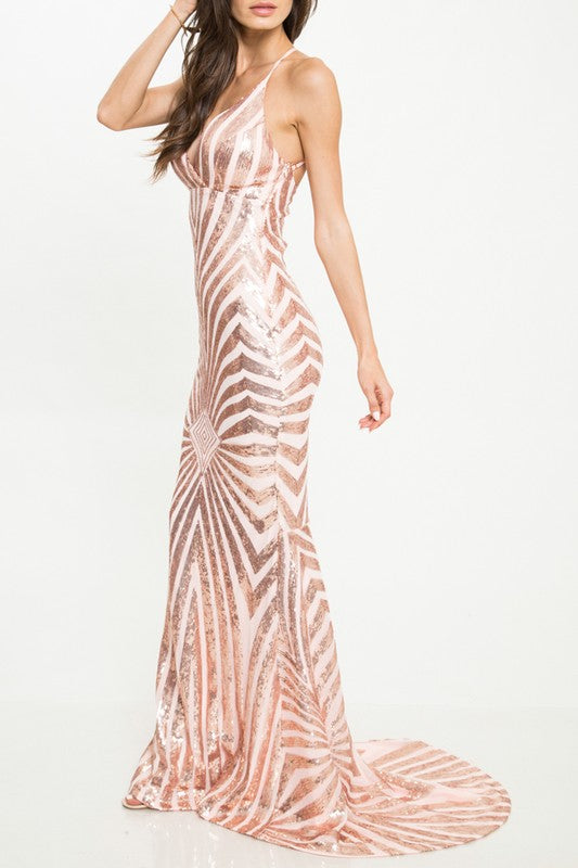 Elegant Cocktail Open Back Sequence Rose Gold Gown Dress