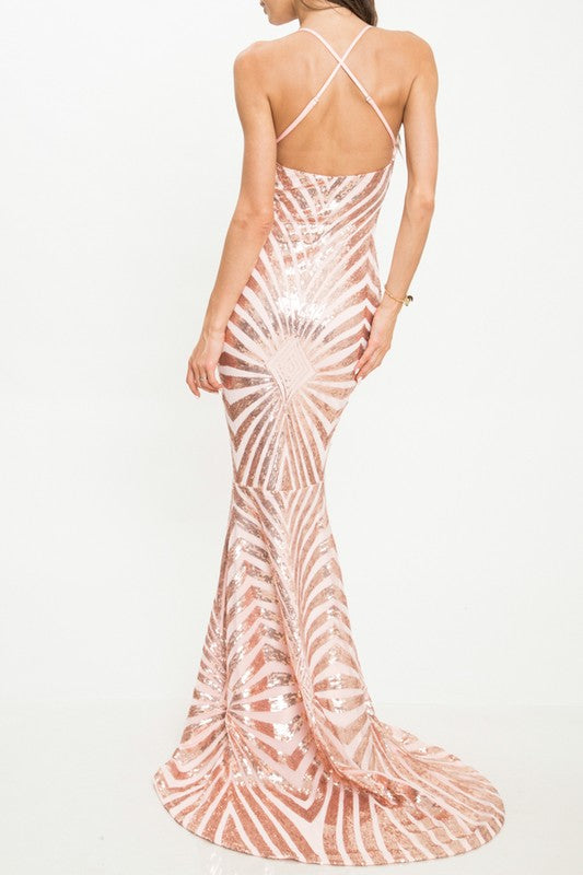 Elegant Cocktail Open Back Sequence Rose Gold Gown Dress