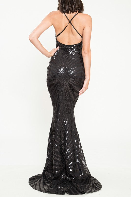 Elegant Cocktail Open Back Sequence Black Gown Dress