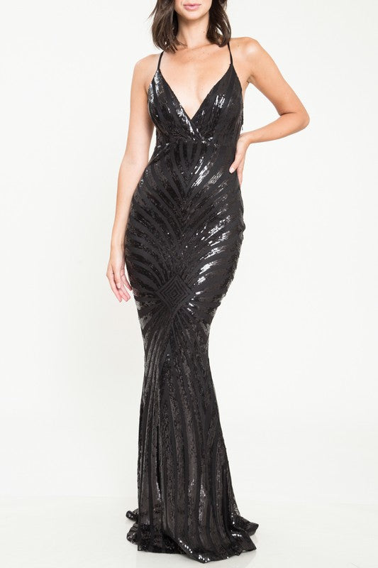 Elegant Cocktail Open Back Sequence Black Gown Dress