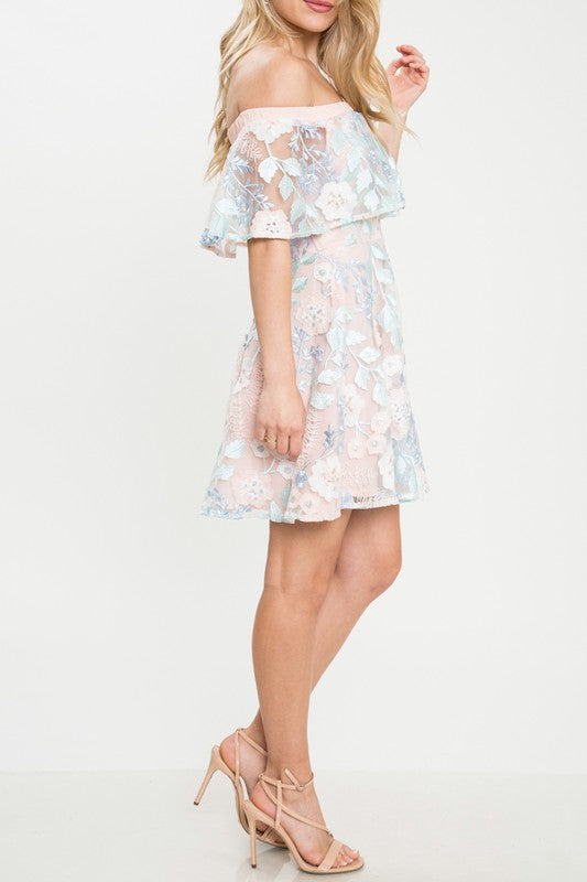 Elegant Off Shoulder Blush Multi-Color Floral Embroidery Dress