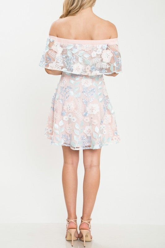 Elegant Off Shoulder Blush Multi-Color Floral Embroidery Dress