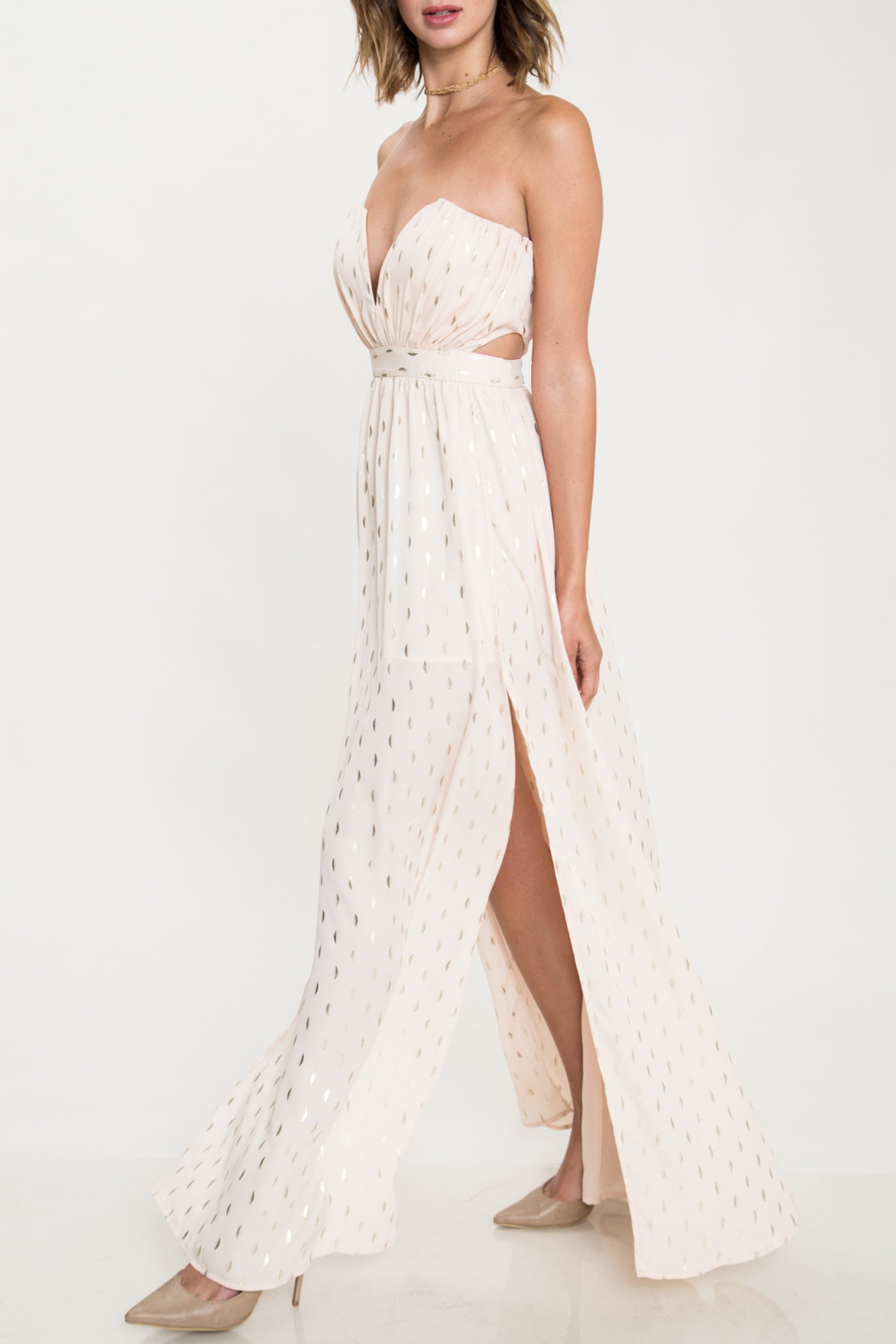 Elegant Strapless Light Peach Gold Leaf Cut Out Maxi Dress EDITE MODE Elegant Strapless Light Peach Gold Leaf Cut Out Maxi Dress EDITE MODE