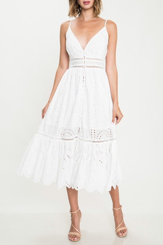 Elegant Summer White Floral Lace Strap Button Down Dress