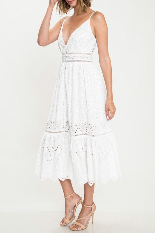 Elegant Summer White Floral Lace Strap Button Down Dress