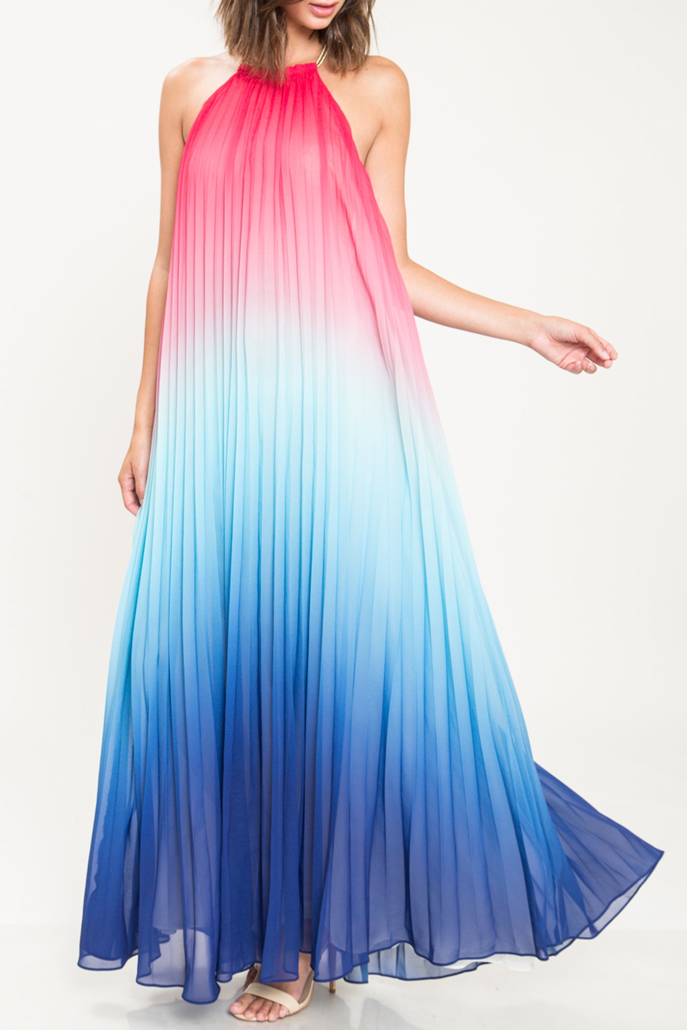 Fashion Pink Blue Halter Open Back Watercolor Maxi Dress