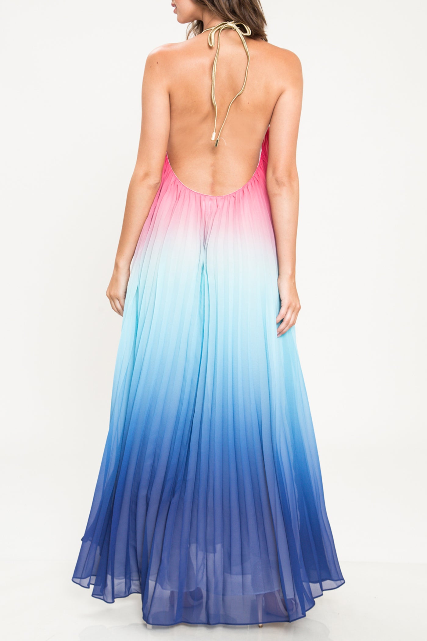 Fashion Pink Blue Halter Open Back Watercolor Maxi Dress