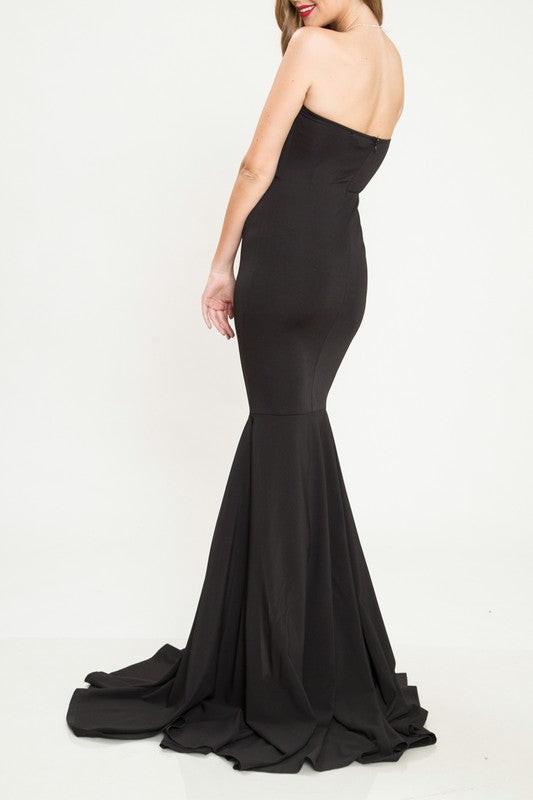 Elegant Strapless Black Gown with Middle Slit