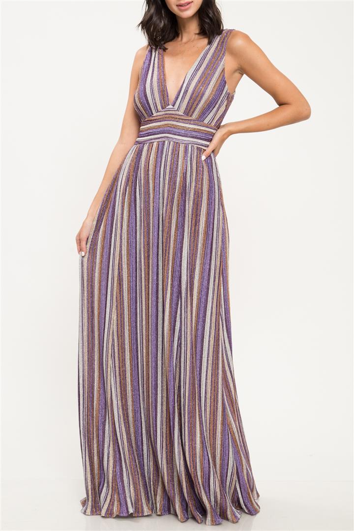 Fashion Purple Stripe Lurex V-Neck Maxi Dress